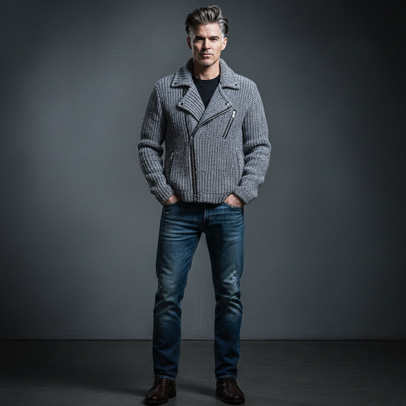 Men's Classic Grey Notched Collar Zipper Knit Jacket MTA3088J7U