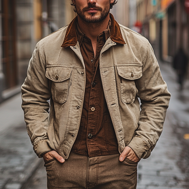 Men's Vintage Corduroy Lapel Colorblock Single-Breasted Jacket MTA2252I6X