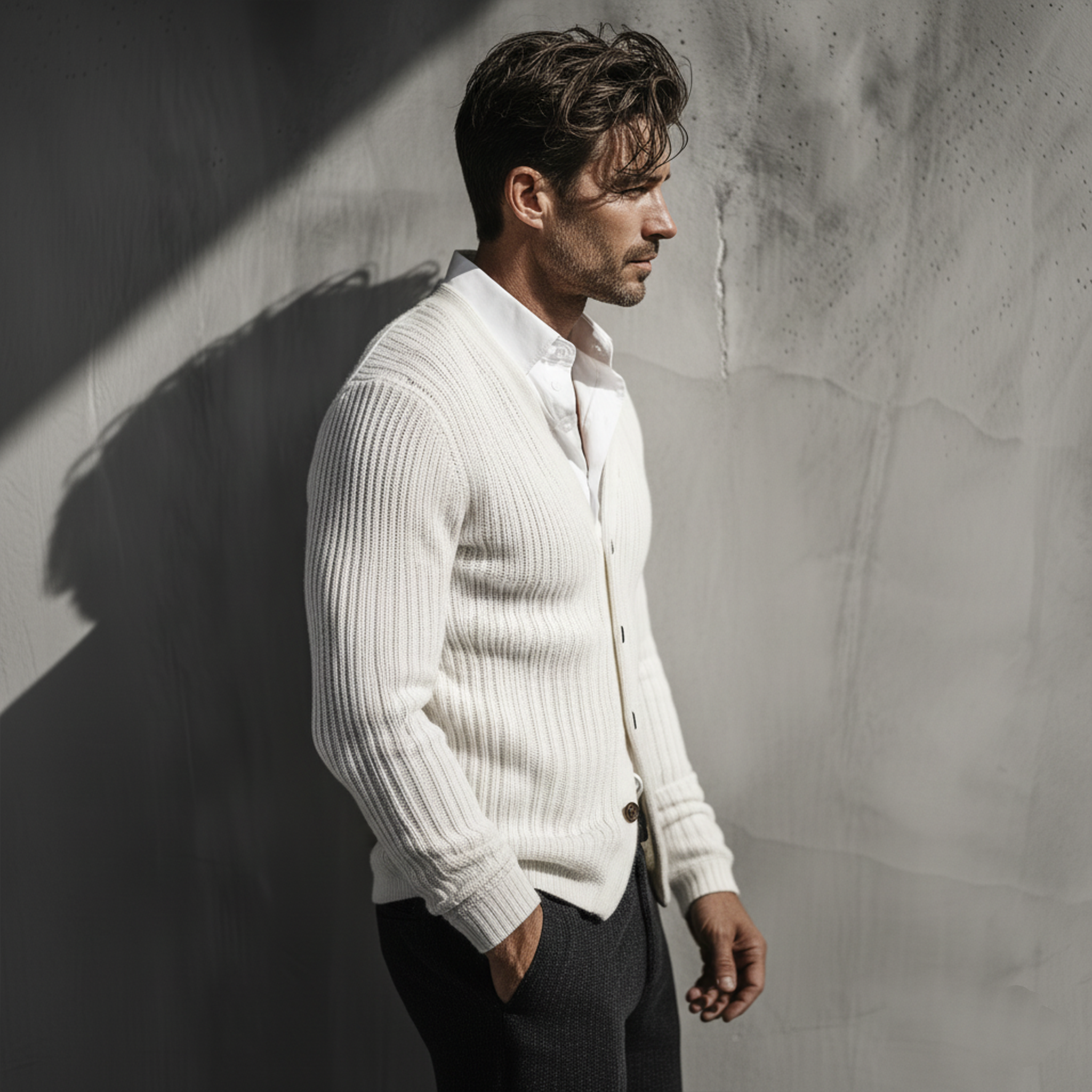 Men's Classic Casual White Slim Fit Knit Cardigan MTA2845J7K