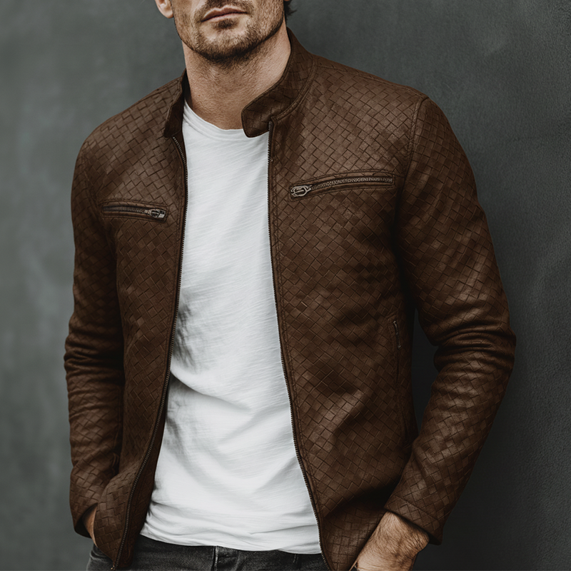 Men's Retro Plaid Textured Zipper PU Faux Leather Jacket MTA2050K5P