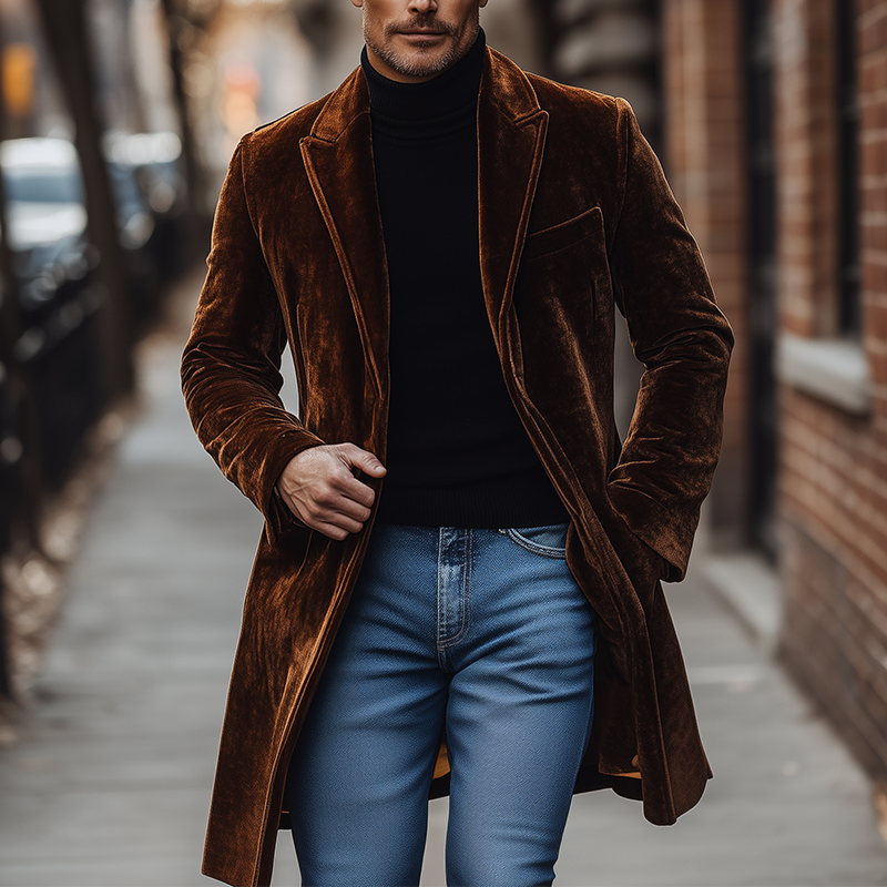 Men's Retro Simple Glossy Velvet Mid-Length Warm Coat MTA0407K4P