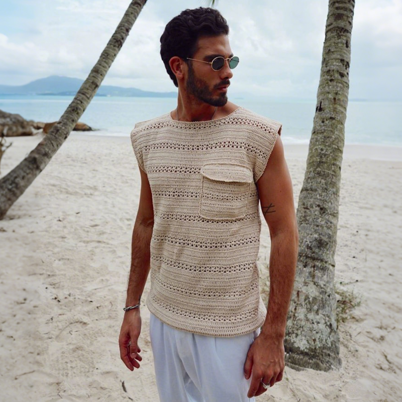 Herre Avslappet Elegant Ensfarget Hul Jacquard Løs Strikket Tanktopp MTA0406G6M