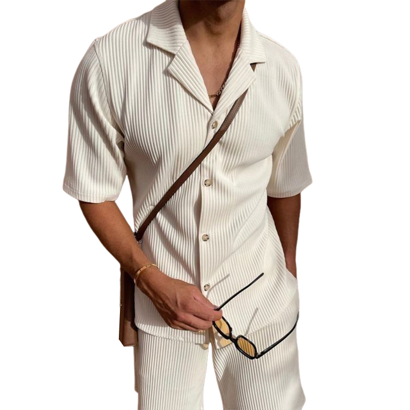 Men's Summer Classic Solid Color Corduroy Short-Sleeved Shirt And Shorts Set MTA1634F3U