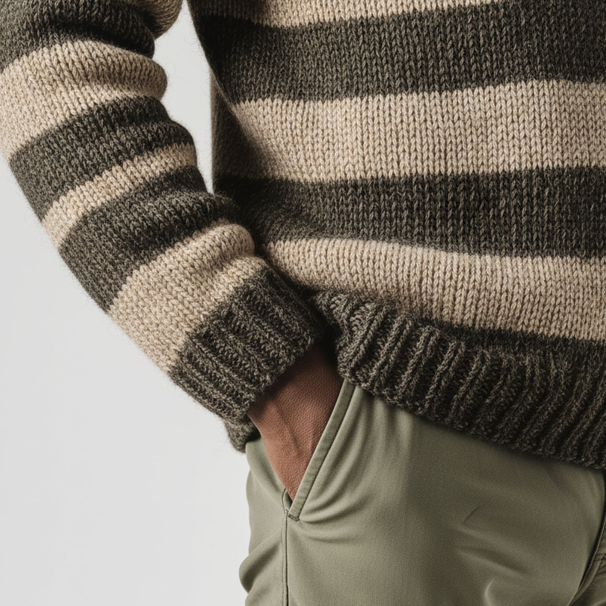 Men's Classic Casual Contrast Color Horizontal Striped Stand Collar Button Loose Sweater MTA2859I5K