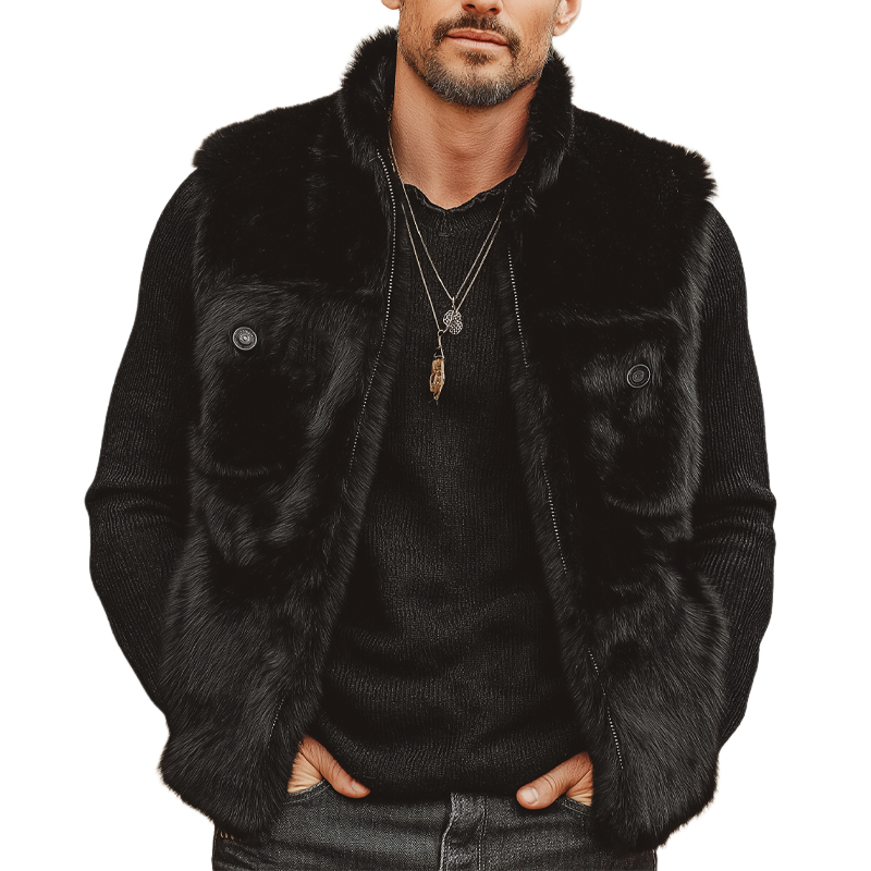 Men's Midnight Black Luxury Stand Collar Plush Faux Fur Vest MTA0713K7U