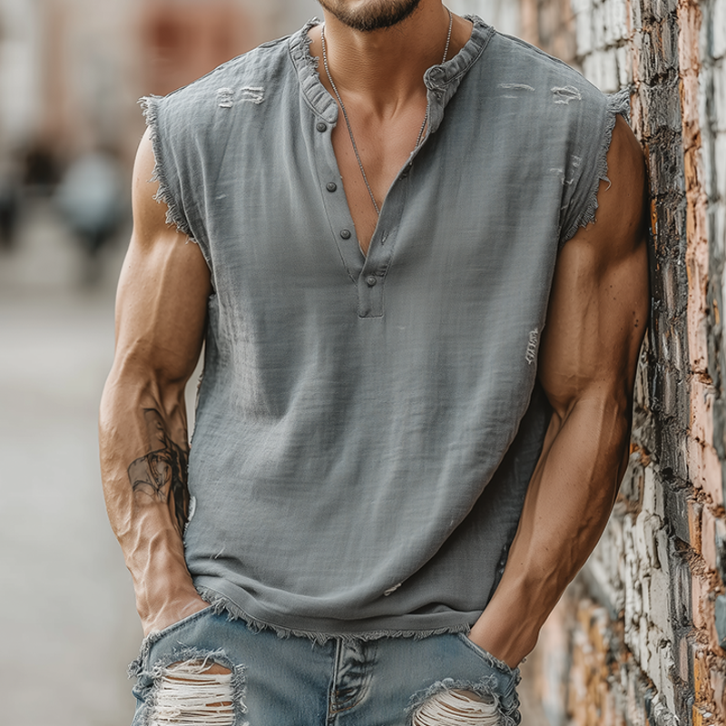Men's Summer Casual Tough Style Henley Collar Cotton Blended Raw Edge Ripped Tank Top MTA1605G6K