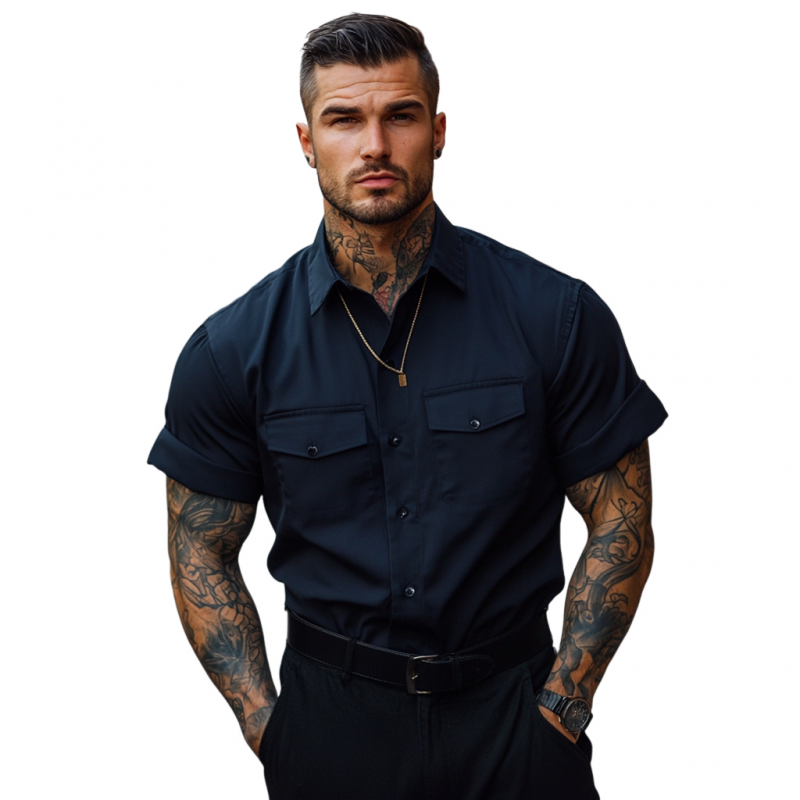 Men's Casual Breathable Cotton Lapel Chest Pocket Loose Short Sleeve Work Shirt MTA2752E8M
