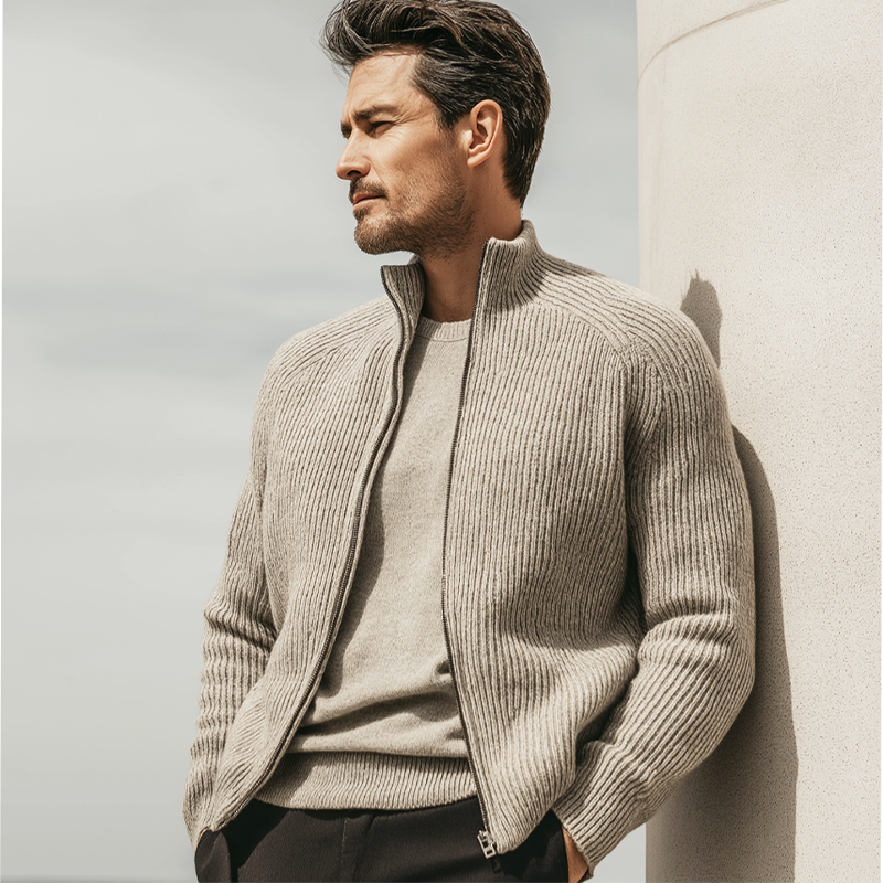 Men's Business Casual Stand-collar Striped Textured Zip-up Knit Cardigan MTA2692K4U