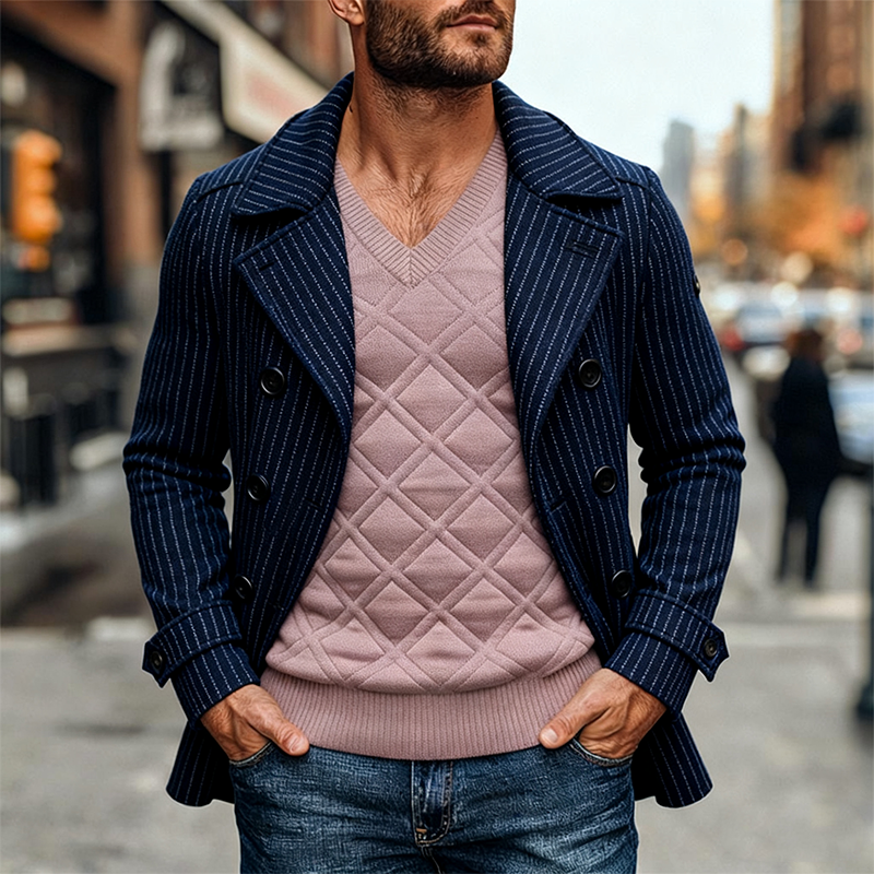 Men's Denim Striped Lapel Button-Down Slim Fit Jacket MTA1193K3X