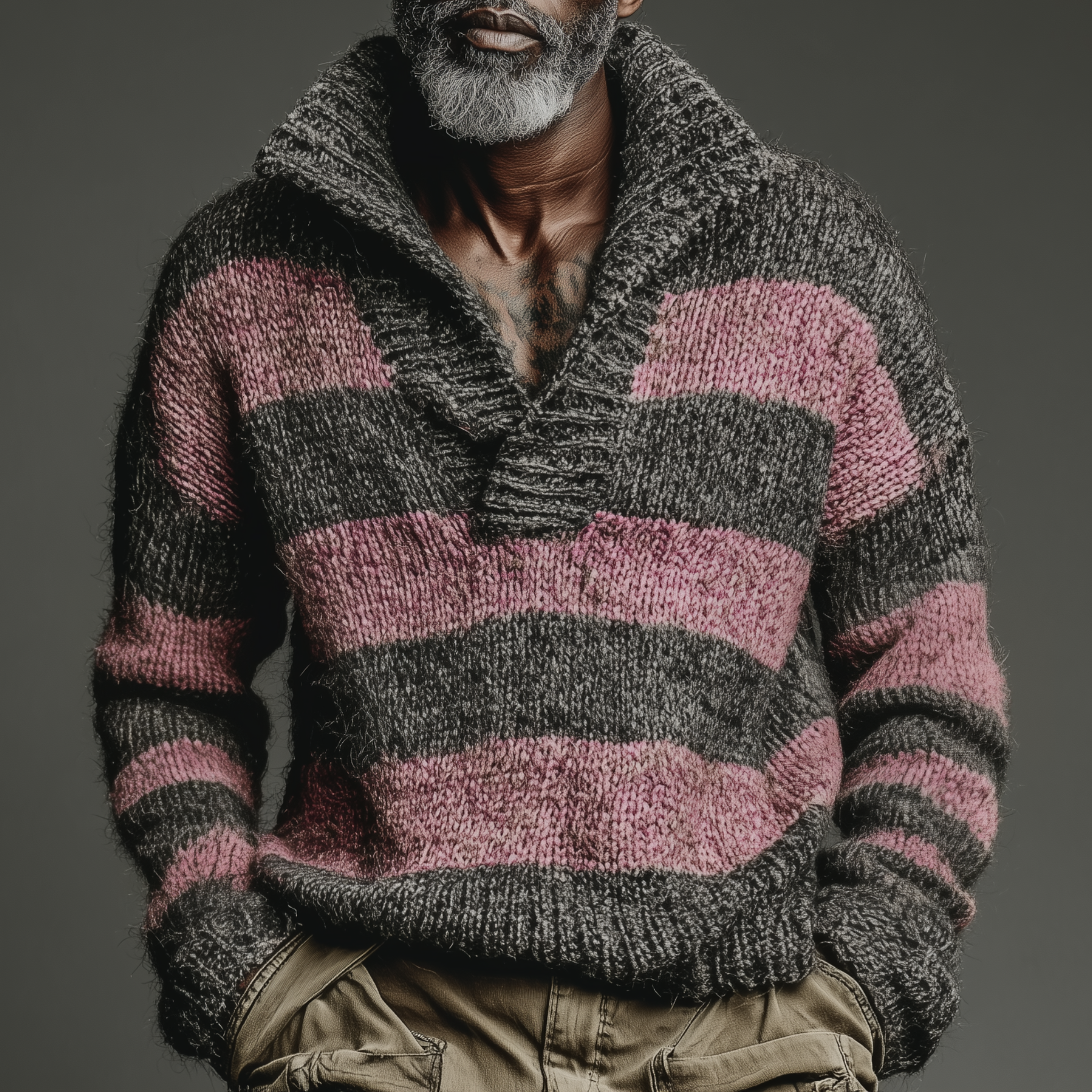 Men's Classic Casual Pink And Gray Horizontal Striped Stand Collar Loose Sweater MTA2829I6K
