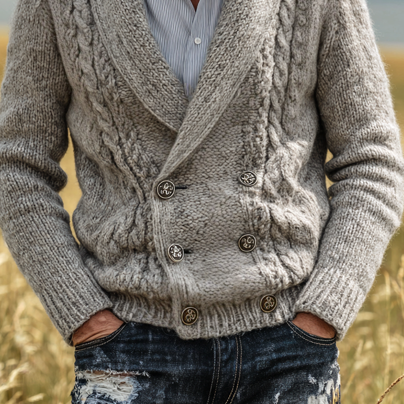 Men's Cable Knitted Shawl Collar Double Breasted Cardigan MTA0286I3Z