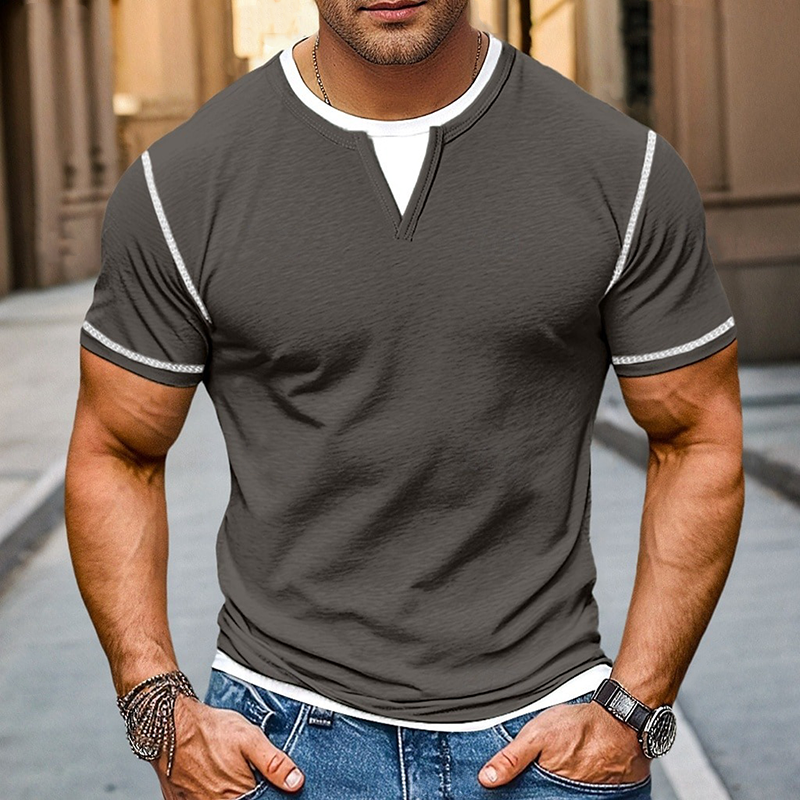 Men's Contrast Color V-Neck Cotton Blend Short Sleeve T-Shirt MTA1932G9X