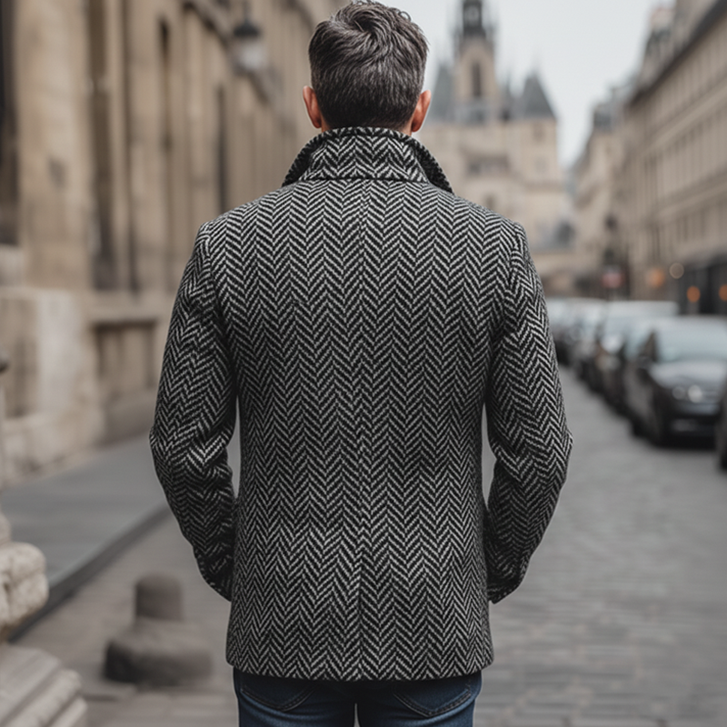 Men's Classic Herringbone Double-Breasted Faux Wool Blazer MTA2029J0U