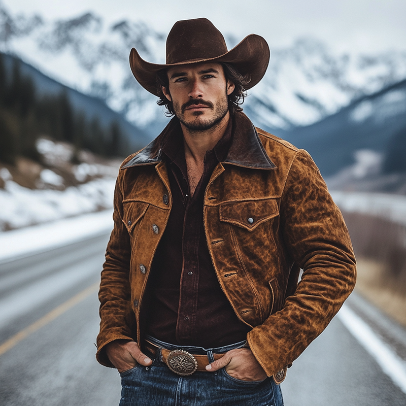 Men's Retro Western Cowboy Style Patchwork PU Collar Suede Jacket MTA0310K9X