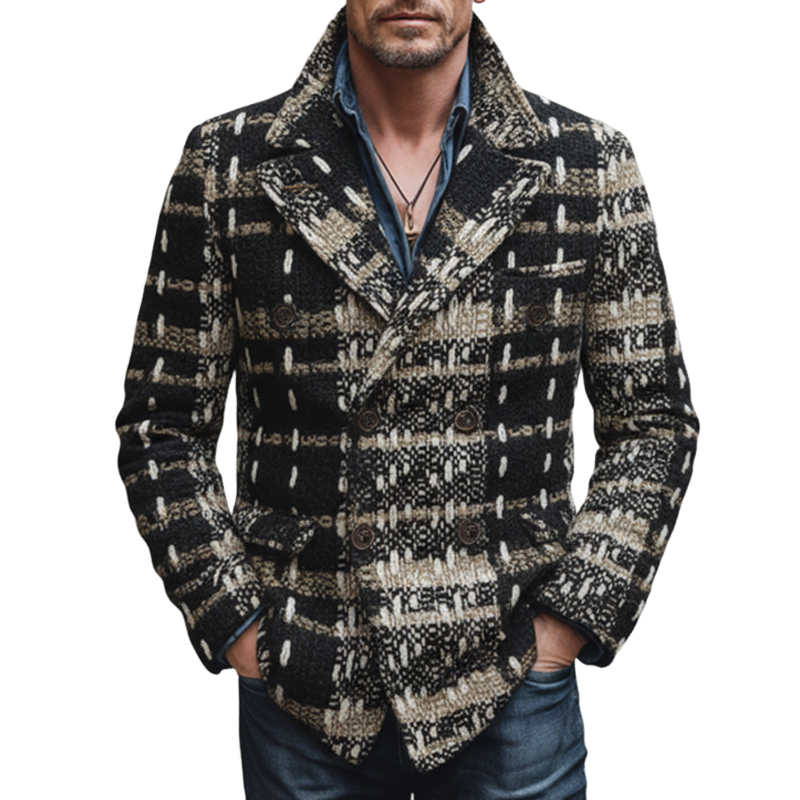 Men's Vintage Colorblock Tweed Double Breasted Jacket MTA2109J7U