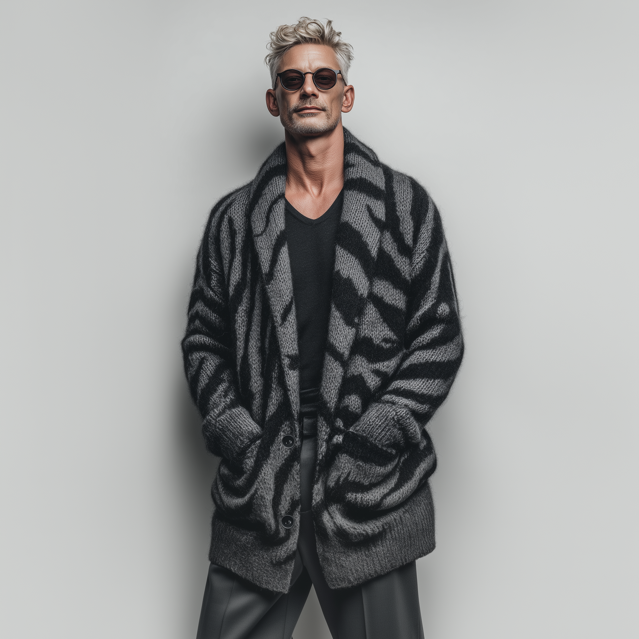 Men's Classic Fashionable Lapel Zebra Print Thigh-length Knitted Cardigan MTA1721J0K