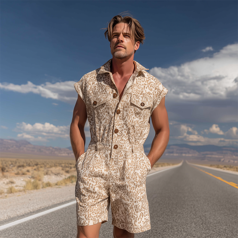 Men's Spring And Summer Fashion Casual Cotton Blended Printed Multi-Pocket Shirt-Style Jumpsuit MTA1046G3K