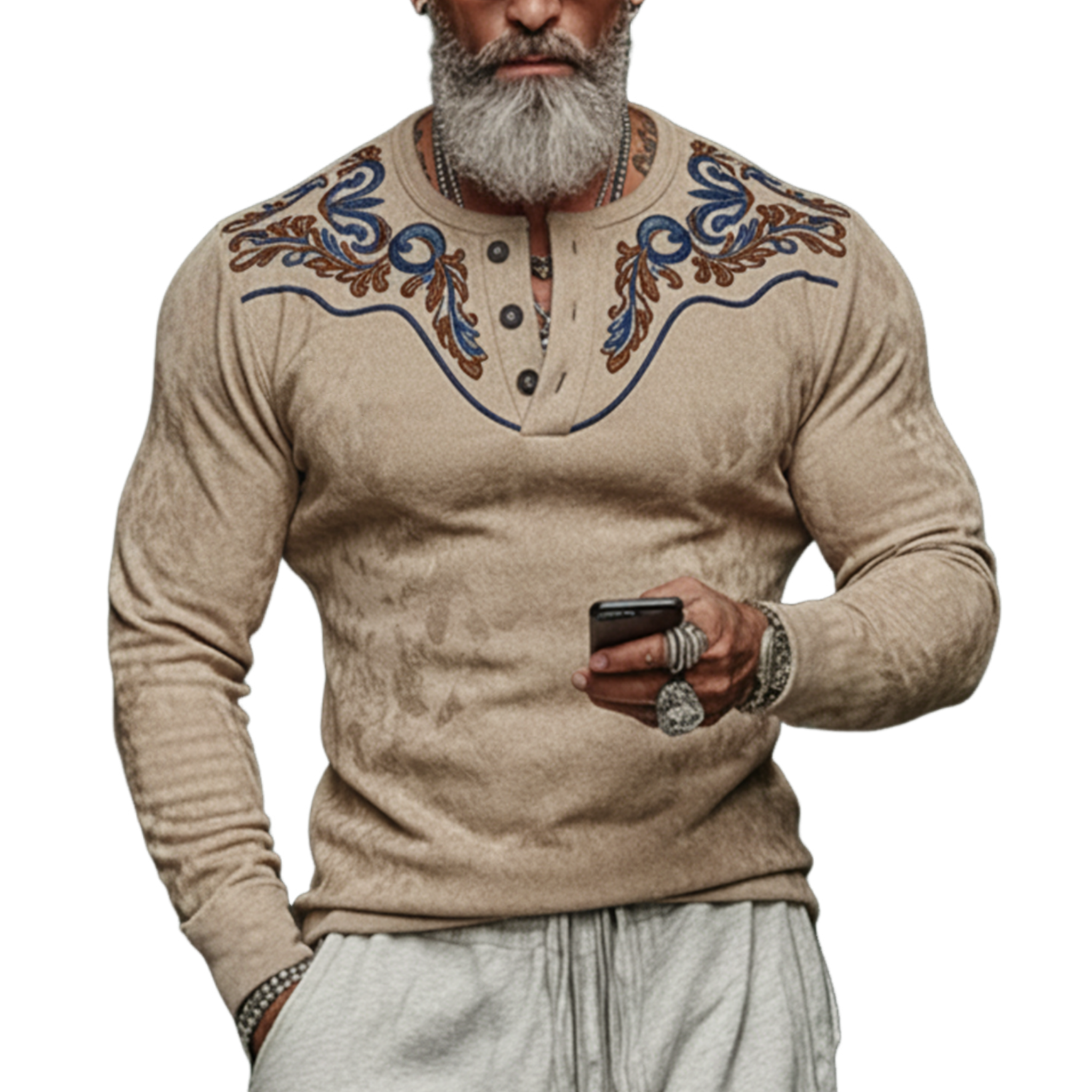 Men's Casual Western Rugged Style Henley Collar Embroidered Faux Suede Long-Sleeve T-Shirt MTA2770K2K