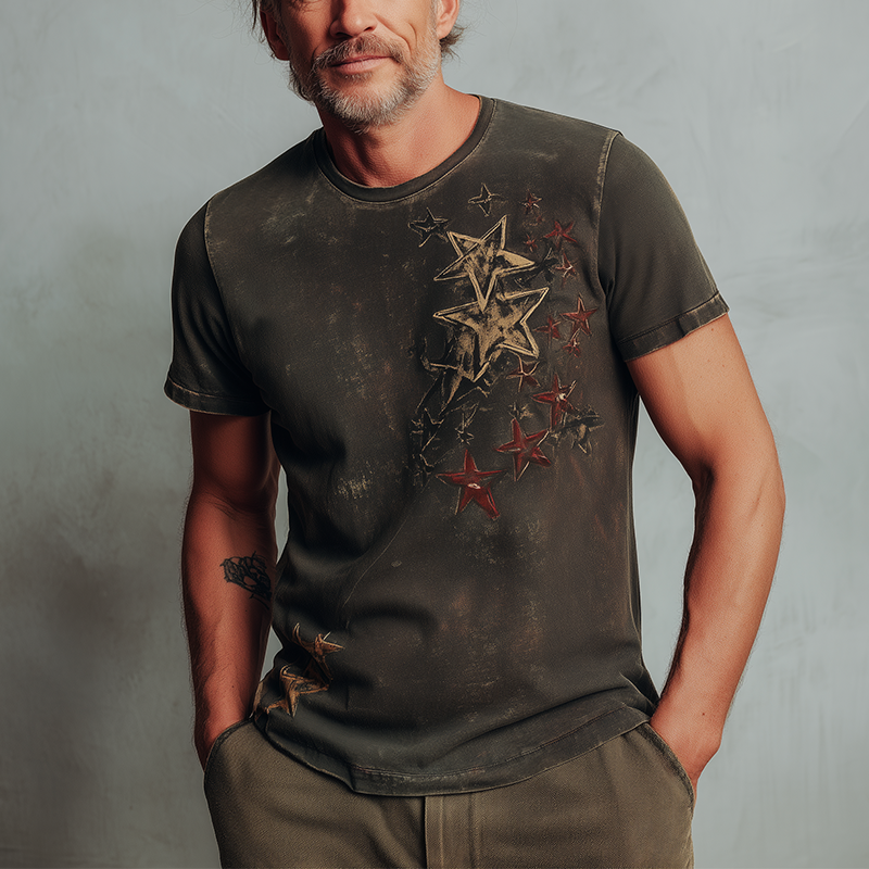 Men's Summer Fashion Star Print Distressed Cotton Blend Short-Sleeved T-Shirt MTA0386G1P