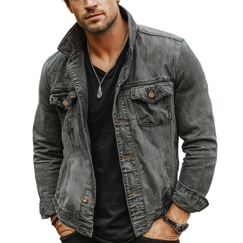 Men's Vintage Gray Distressed Button-up Lapel Denim Jacket MTA3007K9U