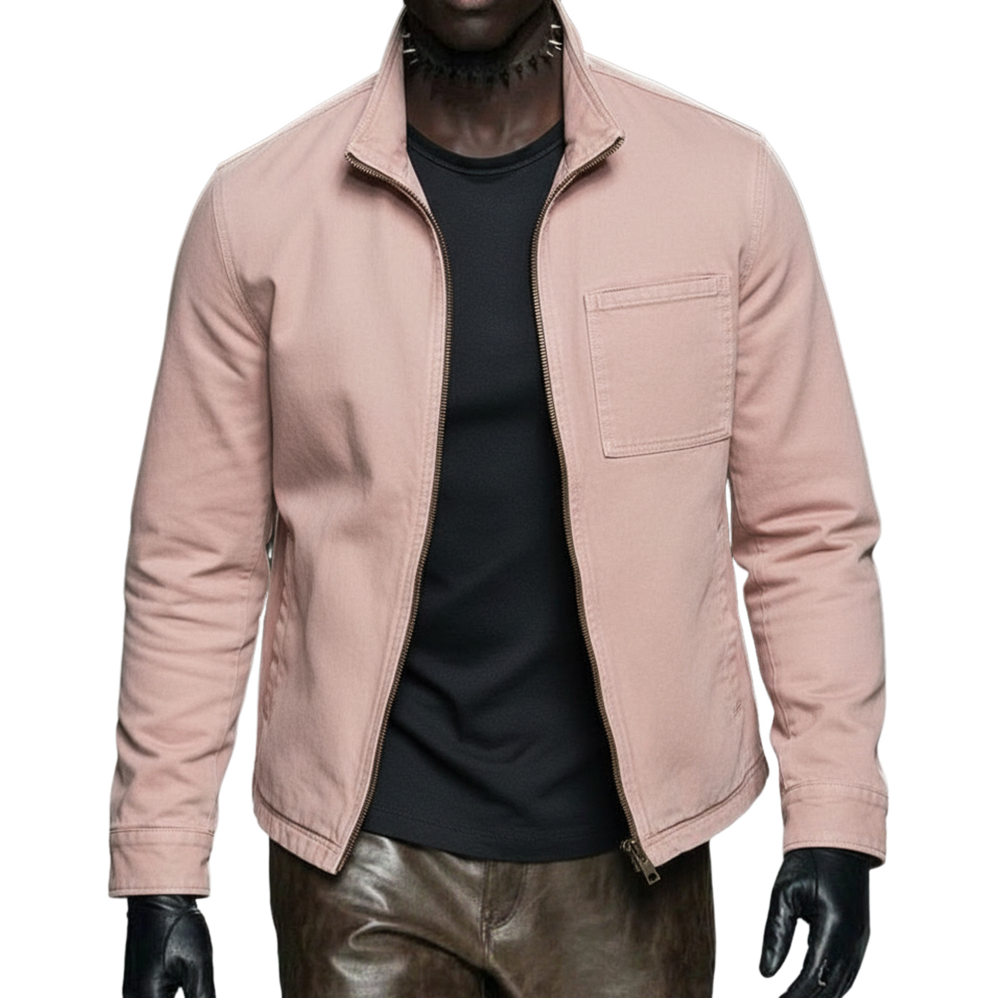 Men's Classic Casual Pink Washed Twill Cotton Zip-up Jacket MTA3016L8K