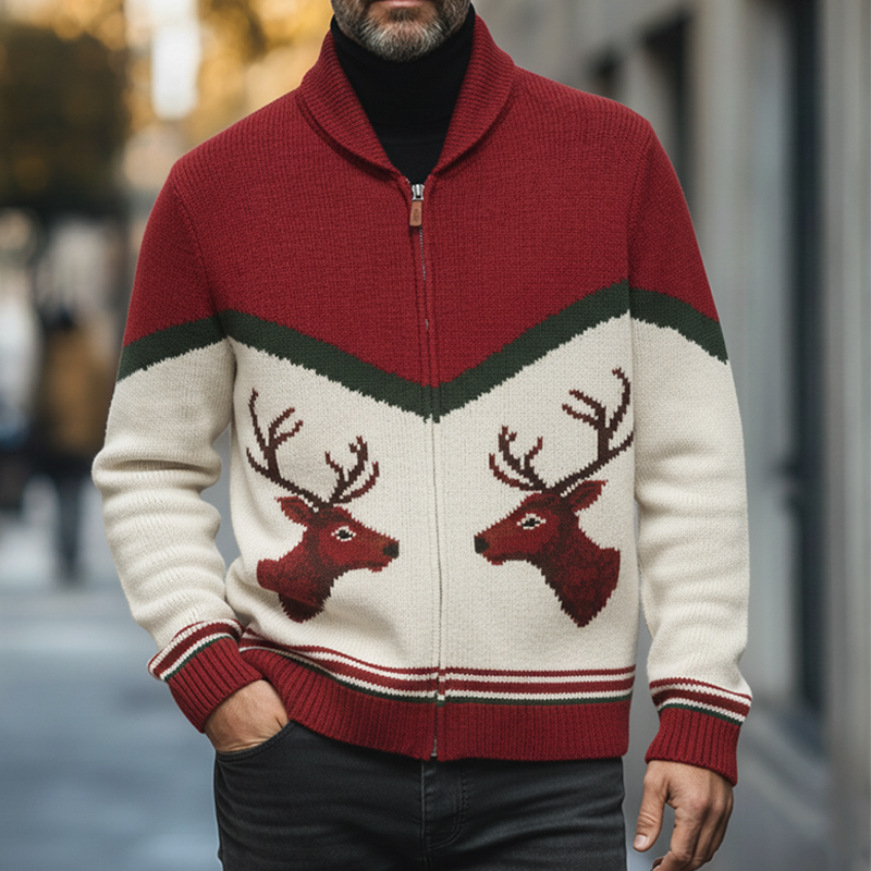 Men's Retro Christmas Jacquard Cotton Yarn Knit Zipper Cardigan MTA1478K9P