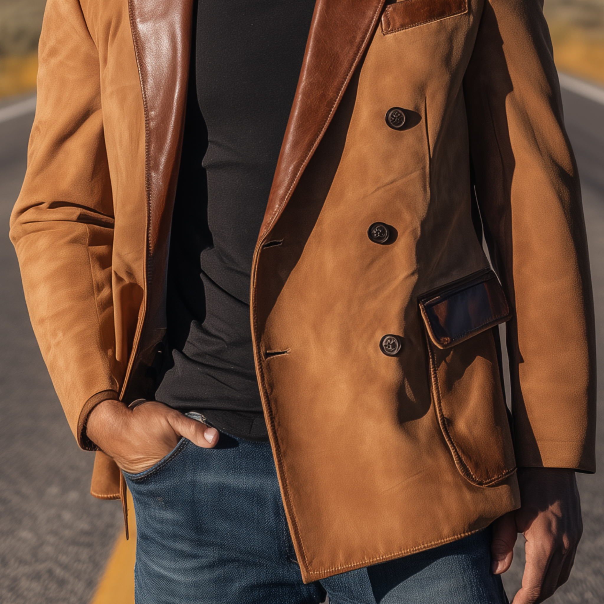 Men's Classic Retro Western Cowboy Style Suede Double-breasted Collar Splicing PU Leather Slim-fit Blazer MTA0522H1K