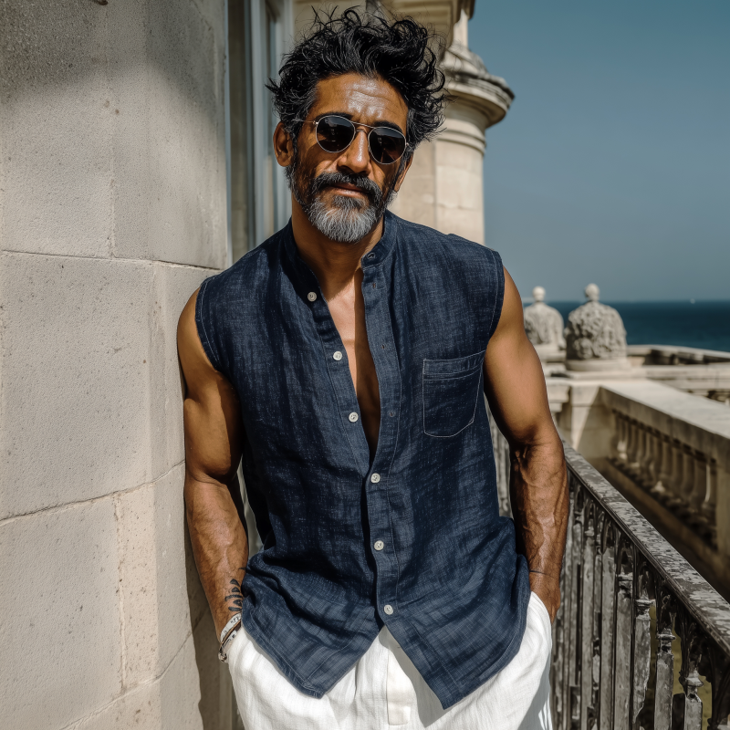 Men's Casual Solid Color Breathable Cotton Linen Stand-up Collar Patch Pocket Slim Sleeveless Shirt MTA1122G2M