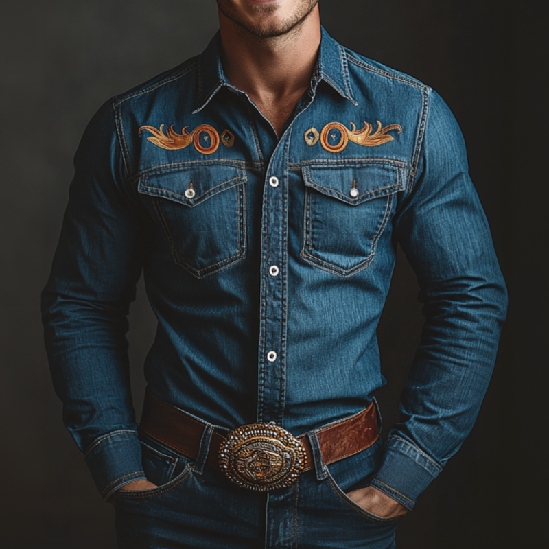 Men's Vintage Western Cowboy Lapel Chest Pocket Embroidery Washed Denim Long Sleeve Shirt MTA2848D5M