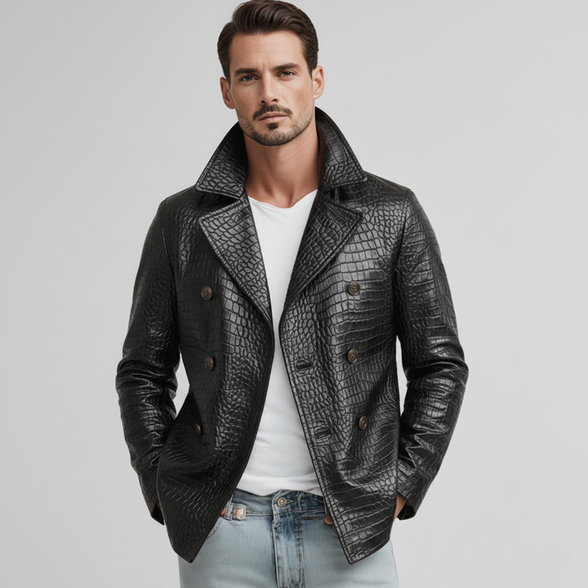 Men's Classic Casual Lapel Double-breasted Crocodile Leather Texture Pu Leather Jacket MTA1545J0K