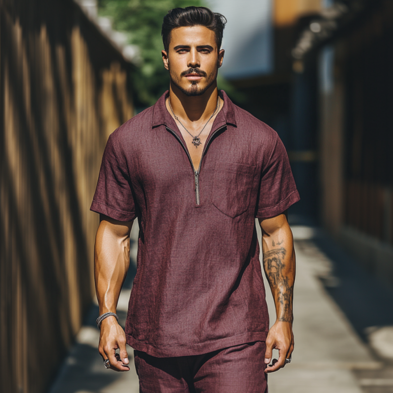 Men's Casual Breathable Linen Zipper Lapel Patch Pocket Loose Short Sleeve Polo Shirt MTA2375E4M