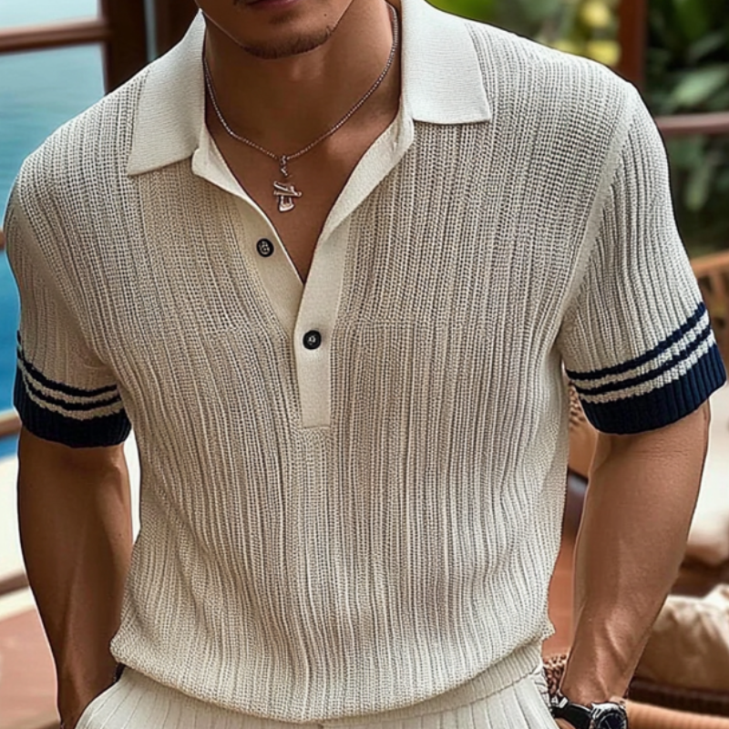 Men's Casual Contrast Lapel Slim Fit Short Sleeve Knitted Short Sleeve Polo Shirt MTA2462E2M