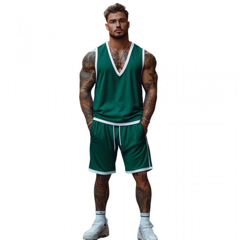 Men's Casual Colorblock Cotton V-Neck Tank Top Elastic Waist Shorts Sports Set MTA2659E1M