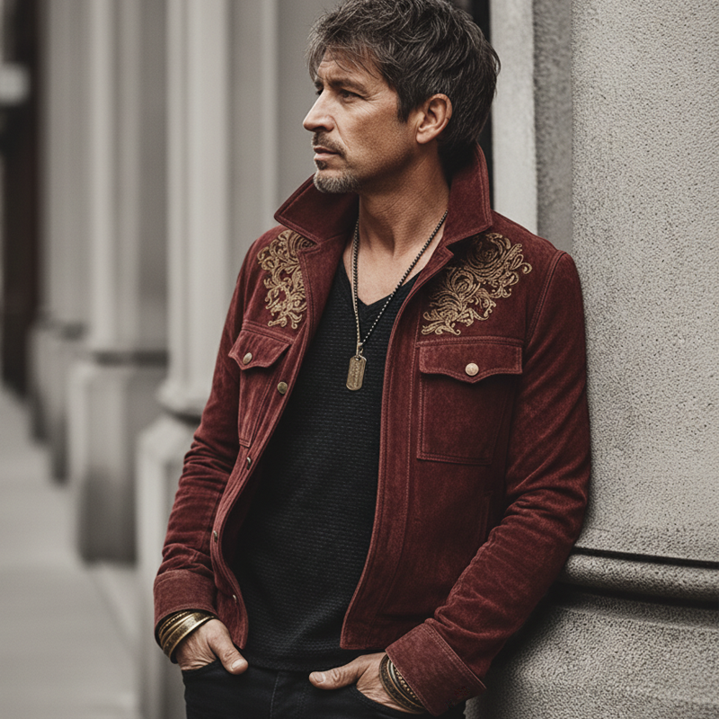 Men's Vintage Luxury Dark Red Suede Embroidered Lapel Jacket MTA0874L3U