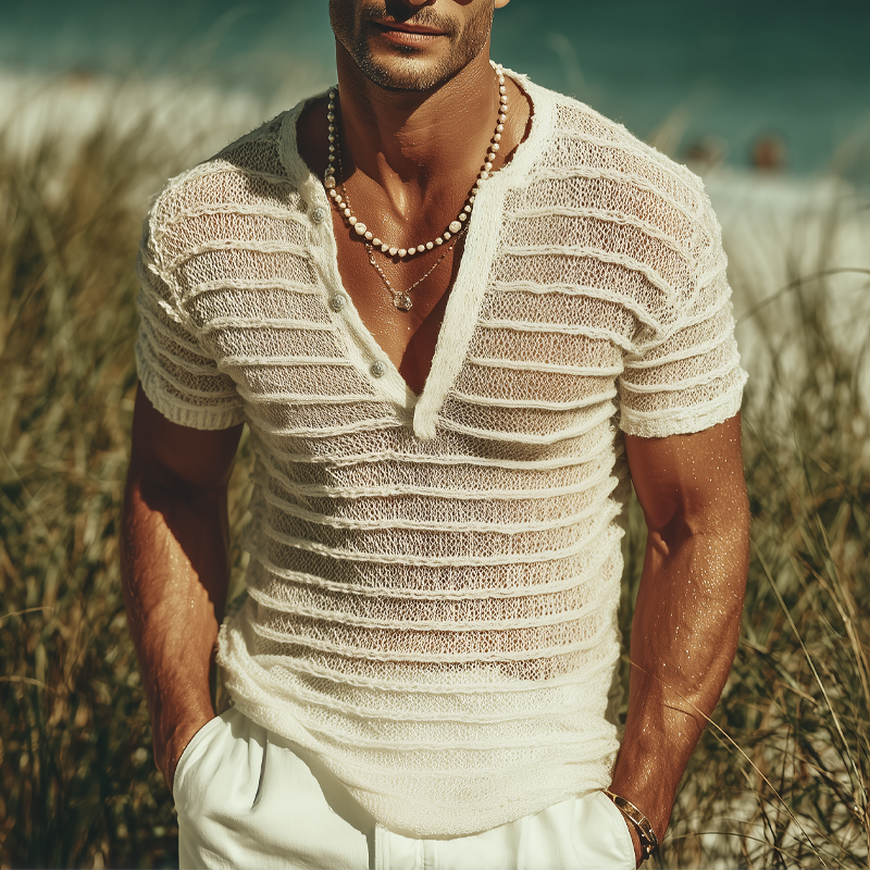 Men's Summer Fashion V-neck Striped Jacquard Knitted Short Sleeve T-shirt MTA0732G5U