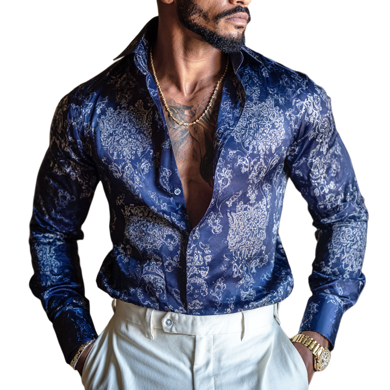 Men's Vintage Print Satin Lapel Long Sleeve Shirt MTA1186H1Z