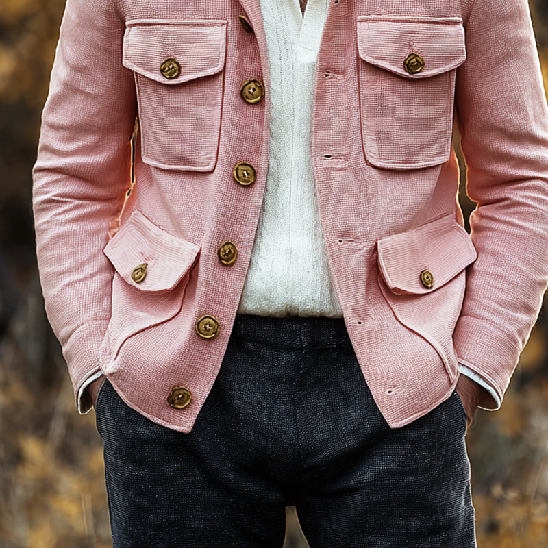 Men's Solid Waffle Lapel Single Breasted Multi-pocket Jacket MTA0362I7Z