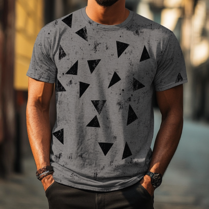 Men's Casual Distressed Triangle Printed Round Neck Slim Fit Short Sleeve T-Shirt MTA1539E2M