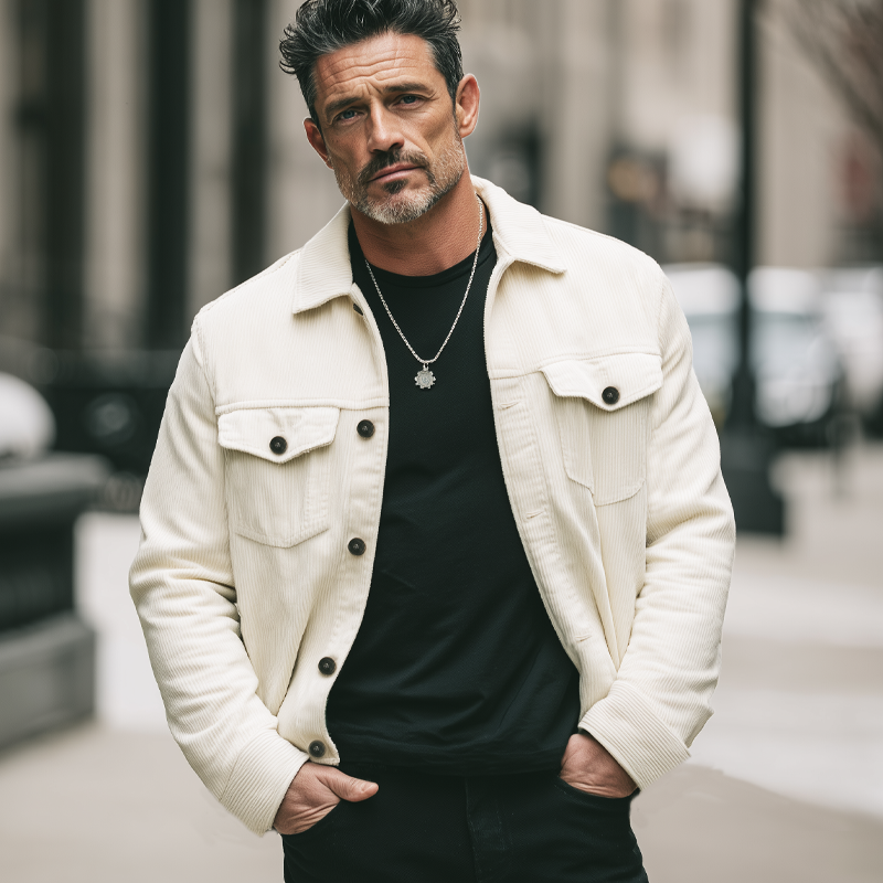 Men's Spring And Autumn Vintage White Corduroy Jacket MTA1870H1U