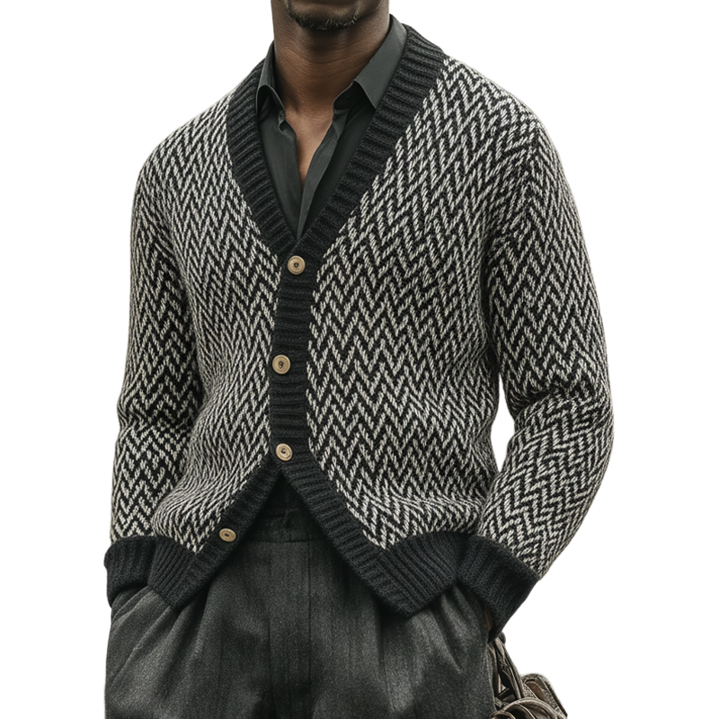 Men's Vintage Zigzag Colorblock Jacquard Button Knit Cardigan MTA2119J7U