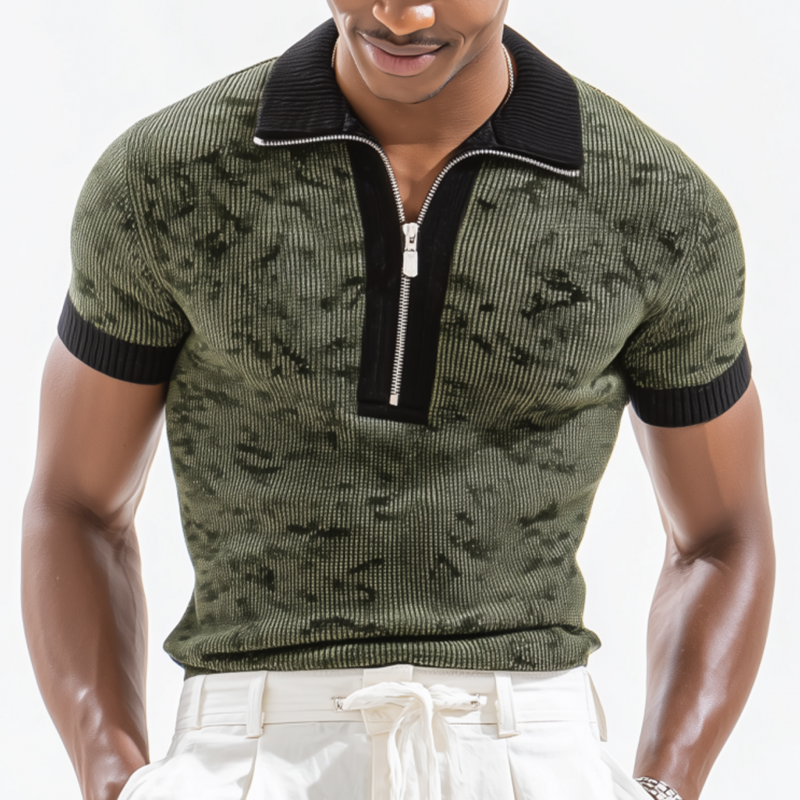 Men's Fashion Camouflage Colorblock Zipper Lapel Knitted Short Sleeve Polo Shirt MTA2795F0M