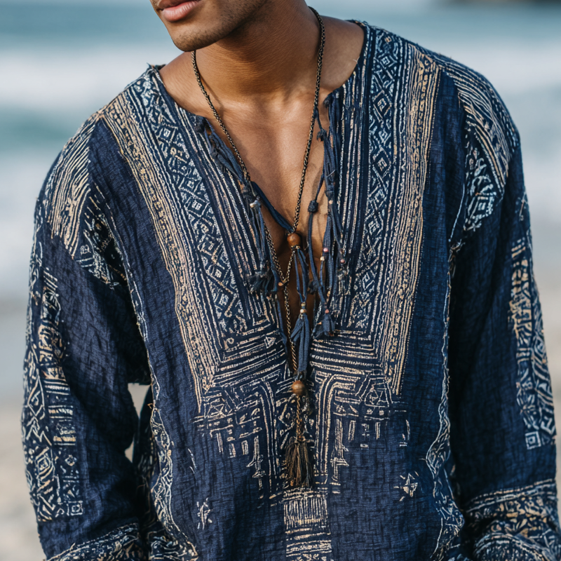 Men's Aztec Patterns V Neck Long Sleeve Shirt MTA1159H8Z