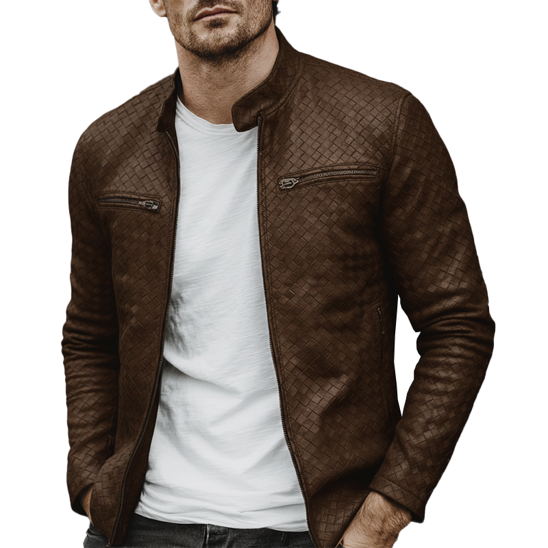 Men's Retro Plaid Textured Zipper PU Faux Leather Jacket MTA2050K5P