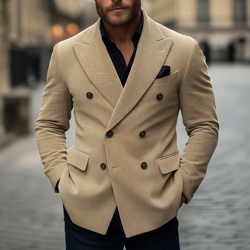 Men's Classic Business Light Khaki Corduroy Double-breasted Double-vent Blazer MTA0495K3U