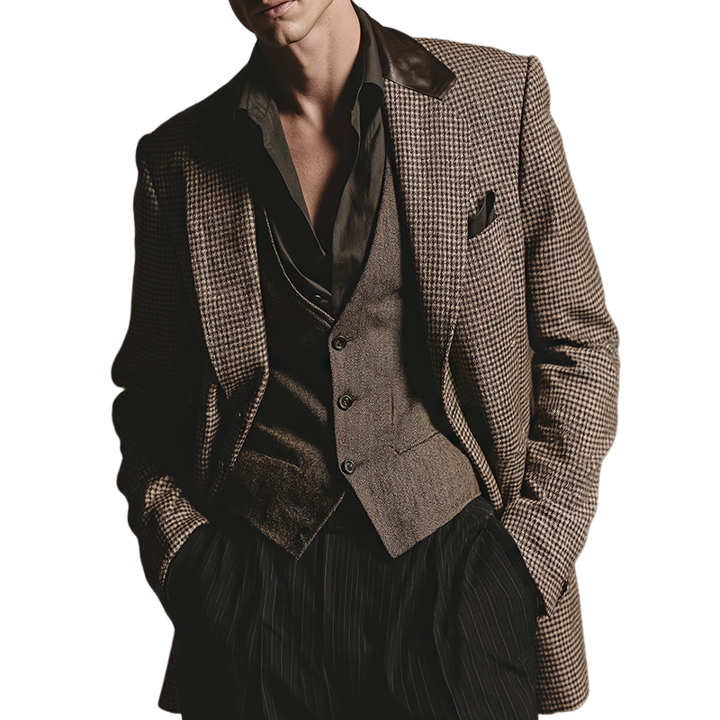 Men's Retro Casual Plaid PU Patchwork Blazer MTA2455K3TO