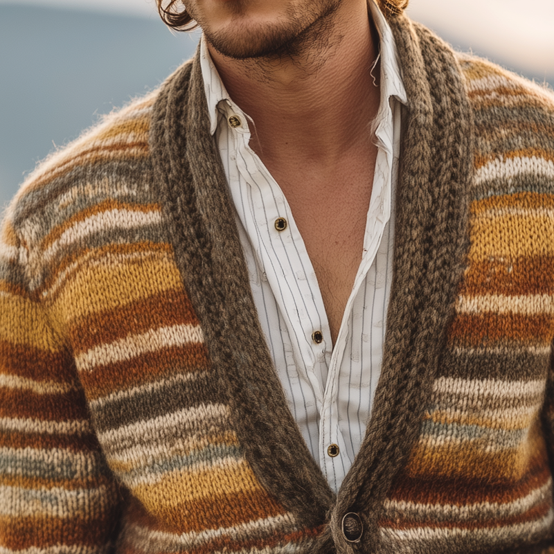 Men's Coloring Striped V Neck Single Breasted Knit Cardigan MTA3080H9Z