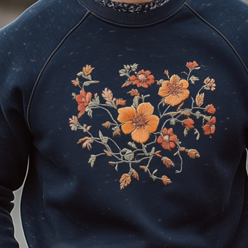 Men's Retro Casual Floral Embroidered Crew Neck Sweatshirt MTA2345G5TO