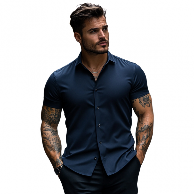Men's Casual Soft Breathable Cotton Lapel Slim Fit Short Sleeve Shirt MTA2758E1M