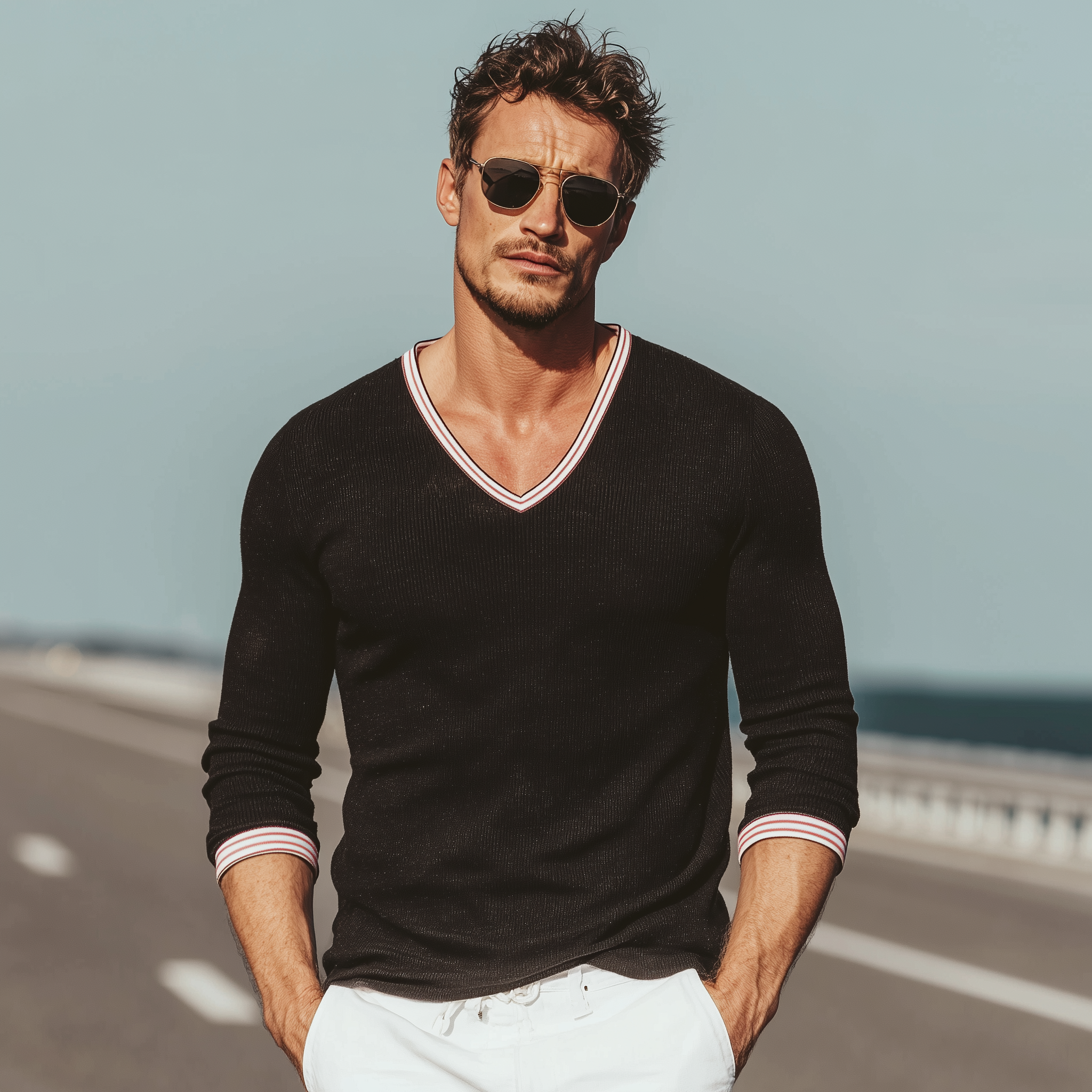 Men's Classic Casual Striped Stitching Colorful Ribbed Webbing V-neck Slim Long-sleeved T-shirt MTA2333G5K