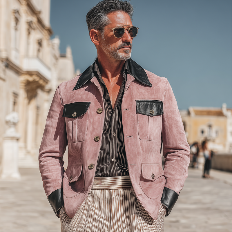 Men's Classic Suede And PU Leather Button-down Jacket MTA1689I5U